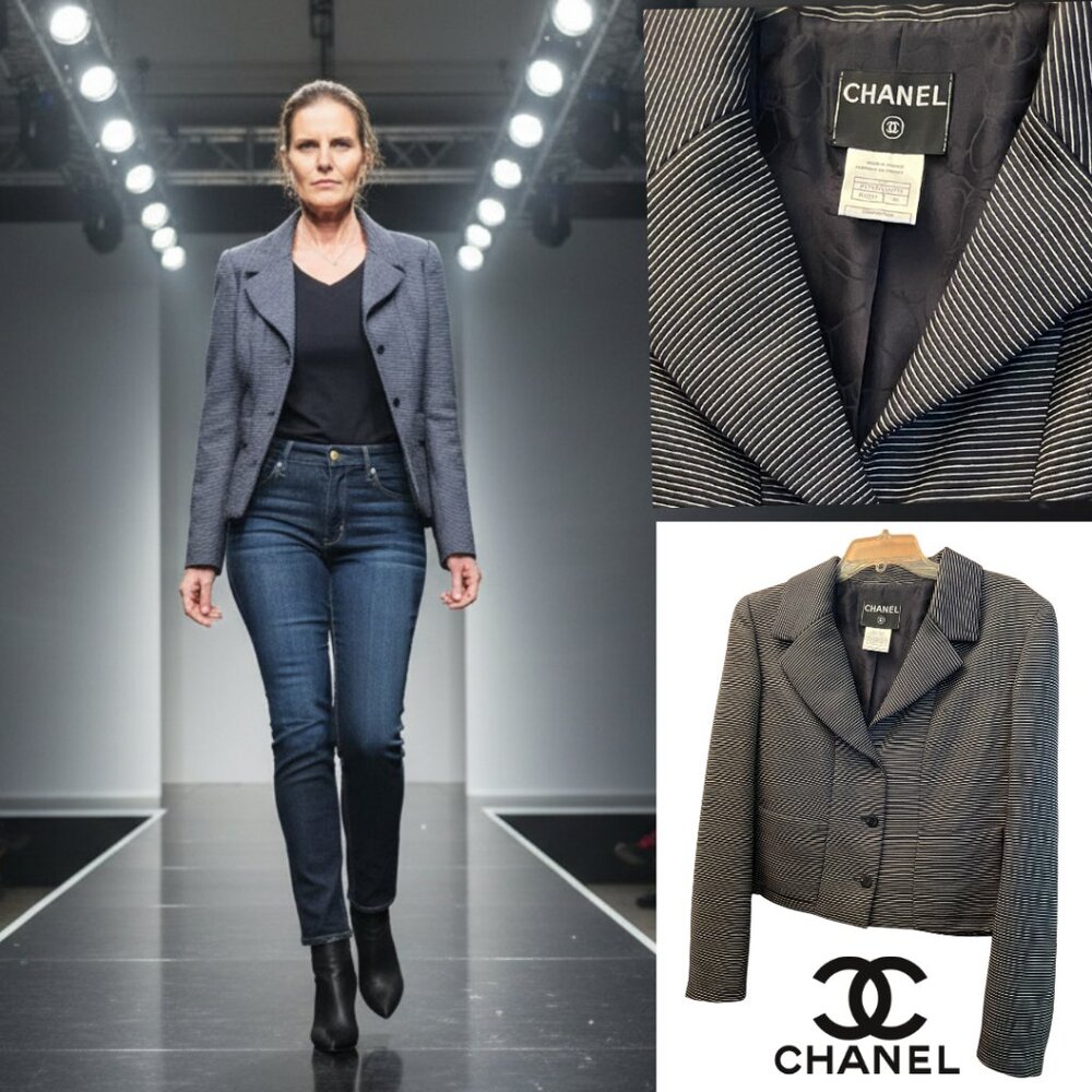 CHANEL jacket FR 46, 10 US, cropped, classic black & white stripe. Authentic.
